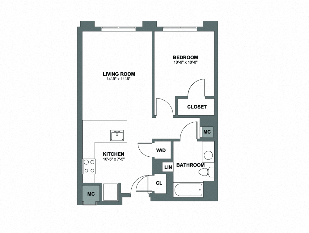 Floor plan for 1 bed, 1 bath, 676 sqft